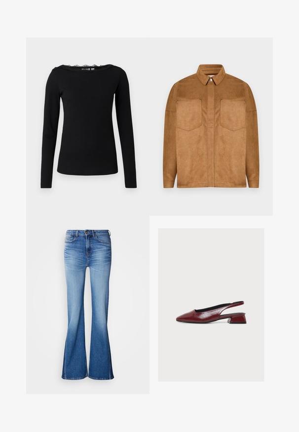 Brun faux suede jakke med spidse krave, to brystlommer og trykknaplukning. Glat tekstur og afslappet pasform.; Sort langærmet top lavet af ribbet stof. Har en scalloped blonde halsudskæring. Enkel, tætsiddende silhuet med lige afslutning.; Viddeblå denimjeans med mellemhøj talje, kontrastsømme og en let falmet effekt. Klassisk design med fem lommer og knaplukning.; Bordeauxrød læder slingback-sko med spids tå og lav blokhæl, vist fra siden på hvid baggrund.