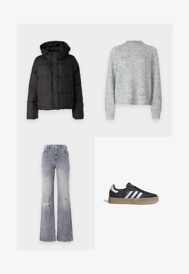 Sort pufferjakke med hætte, lynlås foran, quiltet mønster og elastiske manchetter. Fremstillet af glat syntetisk materiale.; Lysegrå sweater med høj hals, lange ærmer og en løs pasform. Fremstillet af struktureret strikstof med subtile farvevariationer.; Højtaljede grå denim jeans med flagrende ben, der har slidte knædetaljer, et klassisk fem-lomme design og tonet syninger.; Sort læder atletiksko med tre sølvstriber, en struktureret tå og en gummisål. Har en polstret krave og snørebåndsdesign.