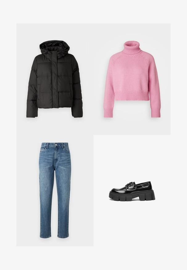 Schwarze Daunenjacke mit Kapuze, Reißverschluss auf der Vorderseite, gestepptem Muster und elastischen Bündchen. Hergestellt aus glattem Synthetikmaterial.; Vero Moda Petite VMMIRANDA - Strickpullover - fuchsia pink; Blaue Denim-Jeans mit geradem Bein, fünf Taschen und einer vorderen Knopfverschluss. Helle Waschung mit subtilen Auswaschungen und einer strukturierten Oberfläche.; Schwarze Lacklederloafer mit einer robusten schwarzen Plattformsohle und dekorativen Ösen. Glatte Textur mit runder Zehenpartie und Schnürdetail.