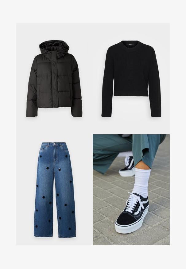 Must musterk jacket, millede, tõmbluku ees sulgemine, tikandmuster ja elastsed mansetid. Valmistatud siledast sünteetilisest materjalist.; Mustan lühikese lõikega sviiter, mis on valmistatud kudumiskangast. Omab ümarat kaelust, pikki varrukaid ja struktureeritud pinda, mis on hemikule sobivalt keha lähedal.; Laiad sinise denimi teksad mustade lillede aplikatsioonidega, mis on hajutatud kangale. Omab kõrget talje ja klassikalist viit taskut.; Mustjad sametist tennisjalanõud valgete aktsentide ja nööridega, millel on paks valge tald ja kontrastsed õmblused, koos valge sokiga.
