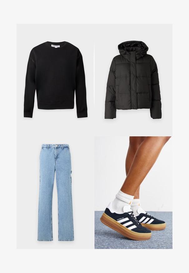 Must musterk jacket, millede, tõmbluku ees sulgemine, tikandmuster ja elastsed mansetid. Valmistatud siledast sünteetilisest materjalist.; Mustast triibulise mansetiga ja alläärmega pikaveiline ümar-kaelusega dressipluus, esitatud ühtlasel heledal taustal.; Heled sinise denimi cargo püksid sirge sääre disainiga, millel on küljetaskud ja kontrastne tikand. Klassikaline viie tasku stiil.; Jalad valgete sokkide ja mustade Adidas Gazelle tossudega, millel on valged triibud ja paksud pruunid tallad, halli vaibaga põrandal.