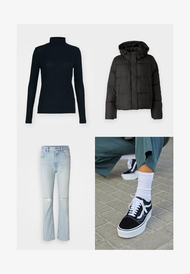 Sort pufferjakke med hætte, lynlås foran, quiltet mønster og elastiske manchetter. Fremstillet af glat syntetisk materiale.; Sort, langærmet turtleneck-top lavet af ribbet stof, der har et tætsiddende design og høj hals. Glat tekstur med en subtil glans.; Lyseblå jeans i denim med høj talje, udvidet ben, slidte detaljer og udskåret stof ved knæene. Fem-lomme design.; Sorte ruskinds sneakers med hvide accenter og snørebånd, der har en tyk hvid sål og kontrasterende syninger, parret med en hvid sok.