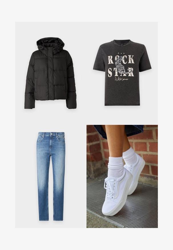 Must musterk jacket, millede, tõmbluku ees sulgemine, tikandmuster ja elastsed mansetid. Valmistatud siledast sünteetilisest materjalist.; Must must värvitud T-särk, millel on julge valge tekst "ROCK STAR" ja sädeleva kassi siluett. Ümmargune kaelus ja lühikesed varrukad.; Heledad sinine denim, sirge lõikega, pleekinud tekstuuriga, viie tasku ja nööpidega sulgemine vöökoht. Erakordne mesinägijate õmbluse detail.; Valged kanvas tennisikud kummitaldadega, kuue silmaga, ümmarguse varbaga ja kergete tikandite detailidega, koos valgete pahkluusokkidega.