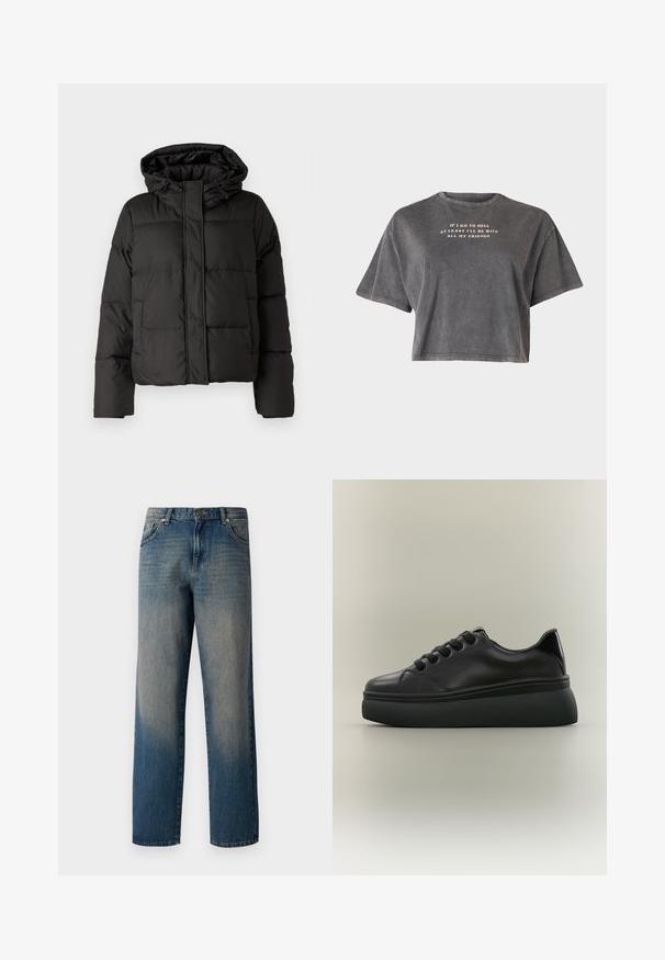 Chaqueta de plumas negra con capucha, cierre frontal con cremallera, patrón acolchado y puños elásticos. Fabricada en material sintético suave.; Even&Odd by Zalando Camiseta estampada - black; Vaqueros de mezclilla azul con un diseño de pierna recta, que presentan un desvanecimiento de oscuro a claro, estilo de cinco bolsillos y un cierre de botón en la cintura.; Zapatilla deportiva negra de corte bajo con suela plataforma gruesa y texturizada y cierre de cordones en la parte frontal sobre fondo neutro sencillo.