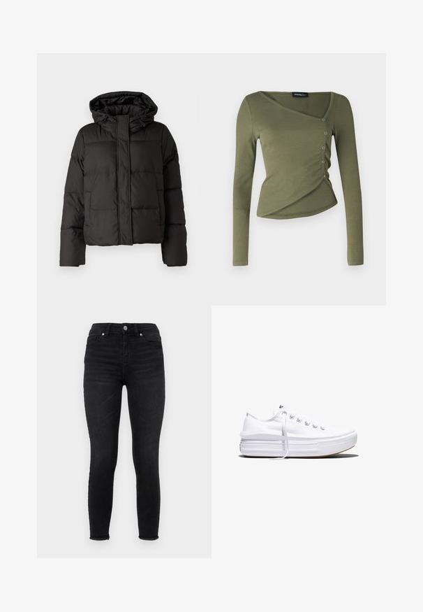 Must musterk jacket, millede, tõmbluku ees sulgemine, tikandmuster ja elastsed mansetid. Valmistatud siledast sünteetilisest materjalist.; Pikad käised, oliivroheline särk ribadega kangast. Omab drapeeritud disaini V-kaelusega ja küljetukke, mis asuvad kattuvatel servadel.; Mustad mustad teksad, millel on kõrge talje, ees taskud ja kulunud serv. Sile tekstuur klassikalise viie tasku disainiga.; Valge madala lõikega lõuendijalanõu, millel on paks platvormpõhi, ees nöörimine ja kummist tekstuuriga varbakate, kujutatud külgvaates.