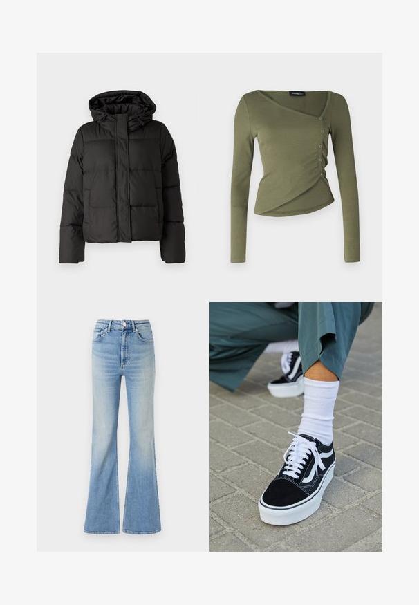 Schwarze Daunenjacke mit Kapuze, Reißverschluss auf der Vorderseite, gestepptem Muster und elastischen Bündchen. Hergestellt aus glattem Synthetikmaterial.; Langärmliges, olivgrünes Oberteil aus geripptem Stoff. Verfügt über ein drapiertes Design mit einem V-Ausschnitt und Knöpfen an den Seiten entlang des überlappenden Saums.; Helle blaue Schlagjeans aus Denim mit hoher Taille, fünf Taschen und subtilem Farbverlauf bis zum Saum.; Schwarze Wildledersneaker mit weißen Akzenten und Schnürsenkeln, ausgestattet mit einer dicken weißen Sohle und kontrastierenden Nähten, kombiniert mit einer weißen Socke.