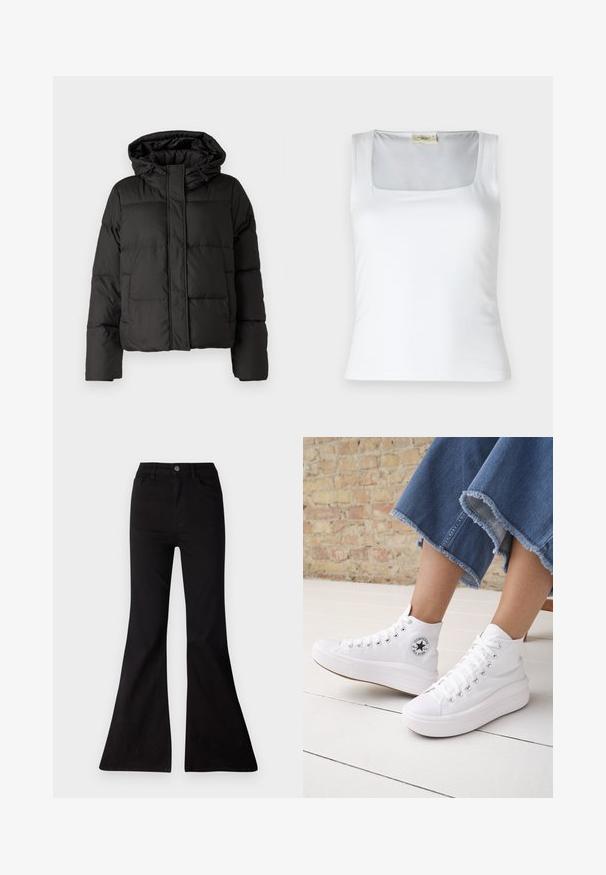 Schwarze Daunenjacke mit Kapuze, Reißverschluss auf der Vorderseite, gestepptem Muster und elastischen Bündchen. Hergestellt aus glattem Synthetikmaterial.; Weißes Tanktop mit quadratischem Ausschnitt, aus glattem Stoff gefertigt. Besitzt breite Träger und eine enganliegende Silhouette. Keine sichtbaren Muster oder Verzierungen.; Schwarze weite Jeans aus Denim, mit hoher Taille, Fronttaschen und einer großen Öffnung am Hosenbund für eineweite Beinform.; Person trägt weiße knöchelhohe Converse-Sneaker mit dicken Sohlen und abgeschnittene, ausgefranste blaue Jeans vor einer Backsteinmauer und weißem Boden.