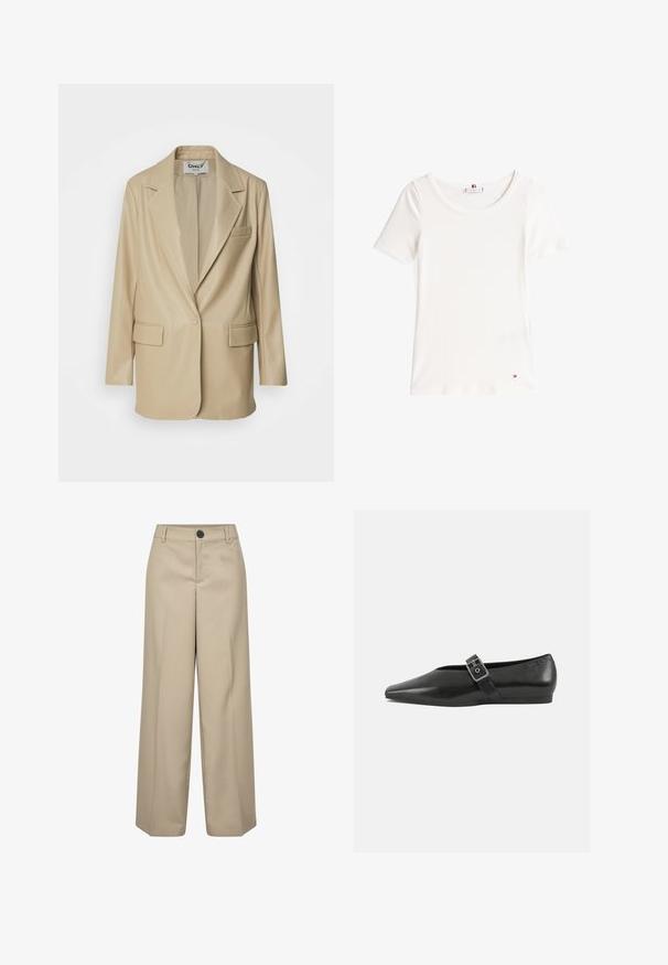 ONLY ONLIZARA BLAZER - Korte frakker - humus; Hvid ribbet t-shirt med korte ærmer, rund hals og en lille rød, hvid og blå logoaccent ved den nederste kant.; Beige højtaljede bukser med brede ben, en enkelt frontknap, bæltestropper og pressede folder. Glat tekstur og skræddersyet silhuet.; Sorte læder flade sko med spidse tæer, prydet med en metallisk spænde over vristen og en lav, fleksibel sål.