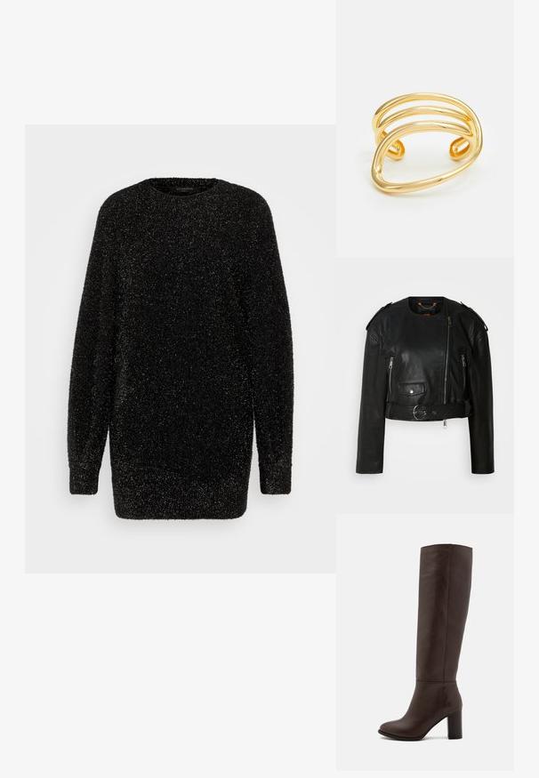 Sort læder cropped jakke med asymmetrisk frontlynlås, lynlås-lommer, skulderepauletter og en taljeelastik med en metallisk spænde.; Sort sweater med rund halsudskæring, lange ærmer og en tekstureret, skinnende overflade. Stoffet ser blødt og let glitrende ud, med en afslappet pasform.; Brun læderknæhøj støvle med en blokhæl, glat tekstur, rund tå og minimale syninger.; Guldplateret manchetarmbånd med tre bølgede, glatte bånd med afrundede ender. Designet er minimalistisk og sømløst med en poleret finish.