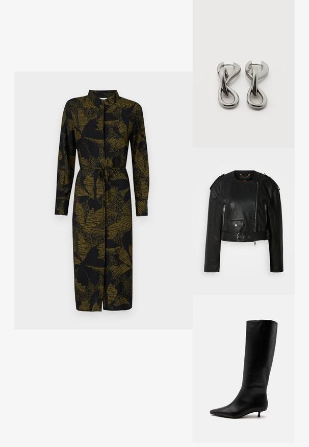 Schwarze Lederjacke mit verkürztem Schnitt, asymmetrischem Frontreißverschluss, Reißverschlusstaschen, Schulterklappen und einem Taillengürtel mit einer metallischen Schnalle.; JDY JDYLIZA SHIRT DRESS - Blusenkleid - winter moss; Schwarzer kniehoher Lederstiefel mit spitz zulaufender Schuhspitze und niedrigem Kittenabsatz vor einem schlichten hellen Hintergrund.; Paar silberfarbene Metallohrringe mit abstraktem ineinandergreifendem Schlaufen-Design auf weißem Hintergrund.