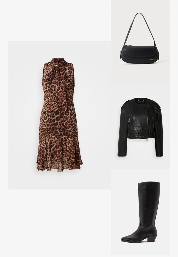 Schwarze Lederjacke mit verkürztem Schnitt, asymmetrischem Frontreißverschluss, Reißverschlusstaschen, Schulterklappen und einem Taillengürtel mit einer metallischen Schnalle.; Kleid mit Leopardenmuster, hohem Kragen, Schleifendetail, ärmellosem Design und Rüschensaum. Hergestellt aus leichtem, fließendem Stoff.; Schwarzer Lederstiefel bis zur Wade mit spitzer Spitze und niedrigem schrägem Absatz vor einfachem hellem Hintergrund.; Schwarze Lederschultertasche mit geschwungener Klappe, goldenem "HUGO" Logo auf der Vorderseite und einem verstellbaren Riemen.