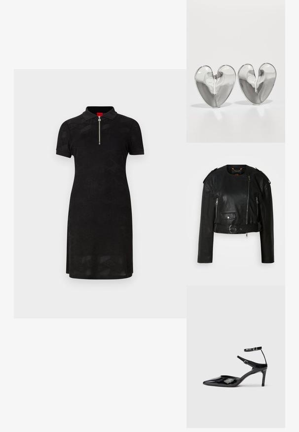 Sort læder cropped jakke med asymmetrisk frontlynlås, lynlås-lommer, skulderepauletter og en taljeelastik med en metallisk spænde.; Sort polo kjole med korte ærmer, en lynlås på kraven og et struktureret geometrisk mønster overalt, lavet af et glat stof.; Sorte laklæderhæle med spids tå, justerbare ankelstropper og en slank hæl. Glat tekstur med en skinnende finish.; Et par skinnende, sølvfarvede hjerteformede studs med en glat, let buet overflade på en hvid baggrund.