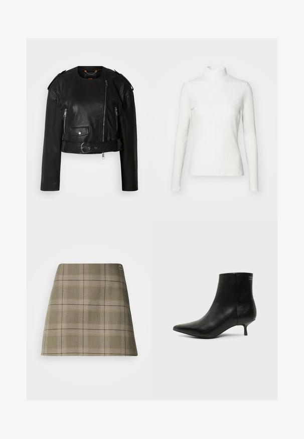 Sort læder cropped jakke med asymmetrisk frontlynlås, lynlås-lommer, skulderepauletter og en taljeelastik med en metallisk spænde.; Hvid ribbet turtleneck blouse med lange ærmer, lavet af elastisk stof. Har et tætsiddende design og høj hals for god dækning.; Skotsk ternet mini nederdel i olivengrøn og beige, med et lige design, en subtil struktur og en lille logoaccent nær taljen.; Sort læder ankelstøvle med spids tå og lav kitten hæl på lys baggrund, der viser yderside.