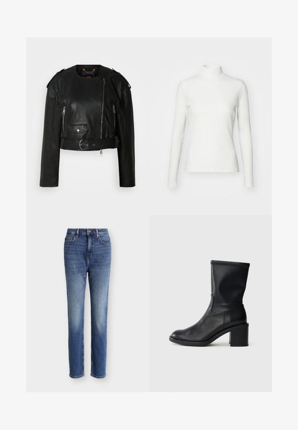 Schwarze Lederjacke mit verkürztem Schnitt, asymmetrischem Frontreißverschluss, Reißverschlusstaschen, Schulterklappen und einem Taillengürtel mit einer metallischen Schnalle.; Weißes geripptes Turtleneck-Oberteil mit langen Ärmeln, aus elastischem Stoff. Verfügt über ein enganliegendes Design und einen hohen Kragen für zusätzlichen Schutz.; Midblaue Jeans mit hoher Taille und geradem Bein, vorne Taschen, Gürtelschlaufen, Knopfverschluss und dezenten, ausgewaschenen Details an Oberschenkeln und Knien.; Schwarze Leder-Ankle Boots mit runder Zehenform, glatter Oberfläche und dicker Absatz, ausgestattet mit einem eng anliegenden Schaft und subtilen Nähten.