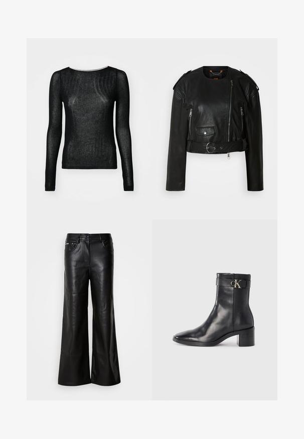 Veste cropped en cuir noir avec fermeture éclair asymétrique à l'avant, poches zippées, épaulettes et une ceinture à la taille avec une boucle métallique.; Top noir à manches longues en tissu transparent à nervures. Présente un col rond et une coupe ajustée, avec une texture lisse et un minimum de détails.; Pantalons larges en cuir noir à la texture lisse, avec une fermeture à bouton devant, deux poches latérales et des détails de couture minimalistes.; Botte de cheville en cuir noir avec un bout pointu, un talon carré et une sangle avec un détail de logo métallique. Texture lisse et design minimaliste.
