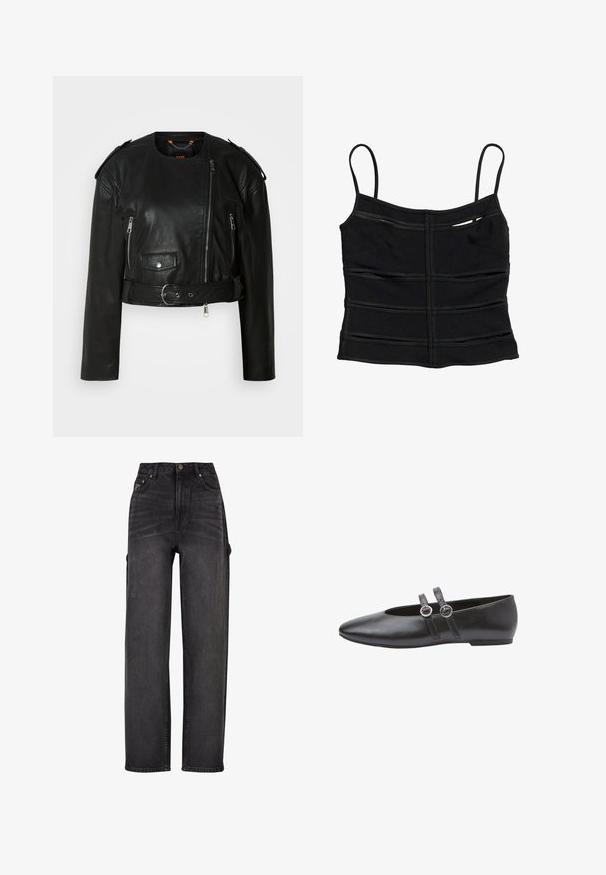 Schwarze Lederjacke mit verkürztem Schnitt, asymmetrischem Frontreißverschluss, Reißverschlusstaschen, Schulterklappen und einem Taillengürtel mit einer metallischen Schnalle.; Schwarzes figurbetontes Crop-Top mit dünnen Schulterträgern und horizontalen Nahtdetails am Stoff.; Hochtaillierte Cargo-Jeans aus schwarzem Denim mit weit geschnittenem Design, seitlichen Taschen und subtilen Verwaschungen. Robustes Material und kontrastierender Stepp.; Schwarze flache Leder-Schuhe mit spitz zulaufender Zehenpartie, ausgestattet mit zwei Riemenakzenten mit runden Metallverzierungen und einer niedrigen, flachen Sohle. Durchgehend glatte Textur.