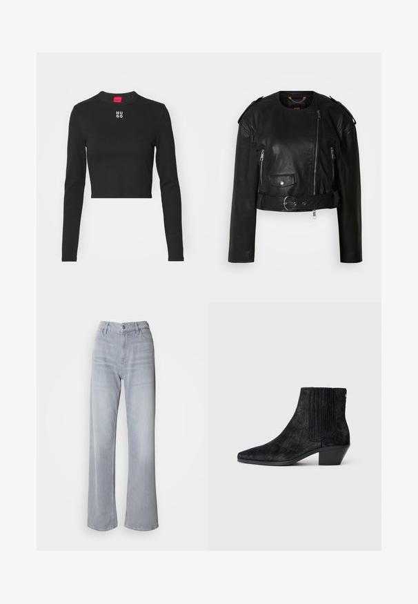 Sort læder cropped jakke med asymmetrisk frontlynlås, lynlås-lommer, skulderepauletter og en taljeelastik med en metallisk spænde.; Sort langærmet cropped top lavet af glat stof, med rund hals og hvid "HUGO" logo på brystet.; Lys grå vidde jeans med høj talje, lavet af denim. Har forlommer, lynlås og subtil falmen over det hele.; Sort ankelstøvle med spidse tæer, tekstureret håragtigt materiale, ribbet sidepanel og en lav, firkantet hæl. Simpelt og moderne design.