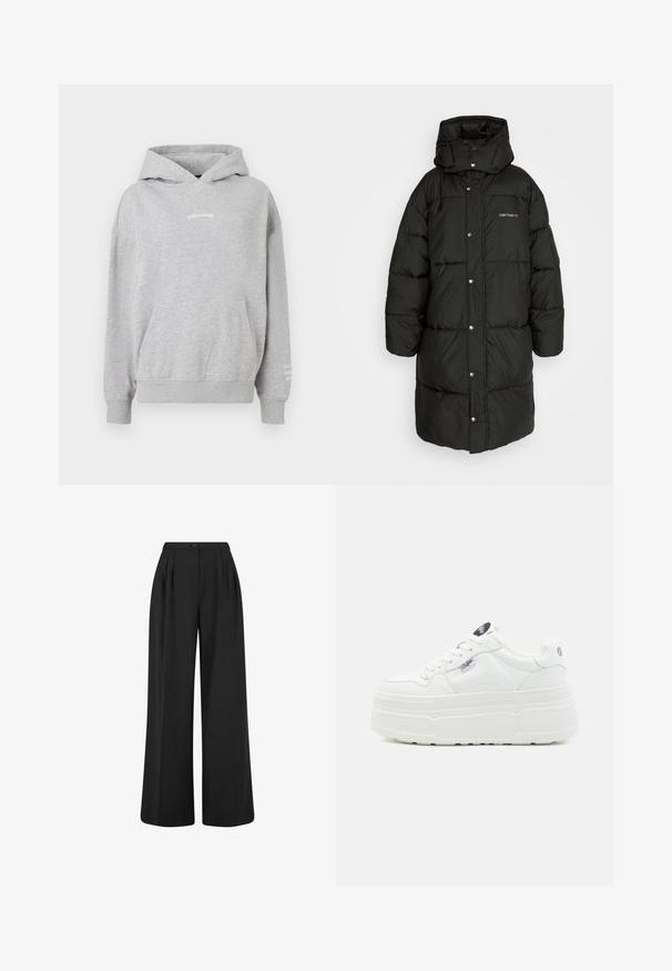 Must must coat kõrge kaelusega ja kapuutsiga, millel on nupuvajutusega kinnitamine, küljetaskud ja tikanditunne. Carhartti logo on nähtav.; Hallhalli hallidest kangastega, millel on kukkott, soonikkoes varrukad ja rinnal "PEGADOR" tekst koos lisatekstiga varrukal.; Mustad kõrge vöökohaga laiad püksid esipoolsete voldikute, nööpidega vöökoha sulgemise ja siledast kangast viimistlusega.; Valged platvormiksneakerid siledast sünteetilisest materjalist, ümmarguse varbaga, polsterdatud kaelusega ja tekstureeritud tallaga. Omab kontrastset logotagi.