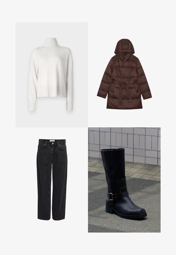 Veste marron rembourrée avec capuche, taille ceinturée et tissu texturé. Présente un design matelassé diagonal et des manches longues. Style minimaliste.; Pull en maille blanche à col roulé avec une coupe décontractée, des manches longues et des poignets et un ourlet côtelés. Texture lisse, matériau léger.; Jean en denim noir taille haute, coupe large, avec cinq poches et fermeture éclair. Texture lisse avec détails de couture minimaux visibles.; Botte en cuir noire mi-mollet avec un talon bas et une bride décorative avec boucle en métal, posée sur une surface pavée grise près d'un mur carrelé.