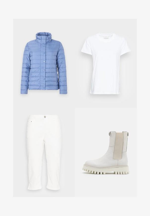 Hellblaue Steppjacke mit hohem Kragen, horizontalen Nähten, Druckknöpfen und einer glatten, glänzenden Textur.; Weißes Kurzarm-T-Shirt aus weicher Baumwolle. Mit rundem Halsausschnitt und einem leicht lockeren Schnitt sowie seitlichen Schlitzen für zusätzlichen Komfort.; Kaffe KAZELINA - Jeans Straight Leg - chalk; Bronx GROOV-Y - Plateaustiefelette - winter white