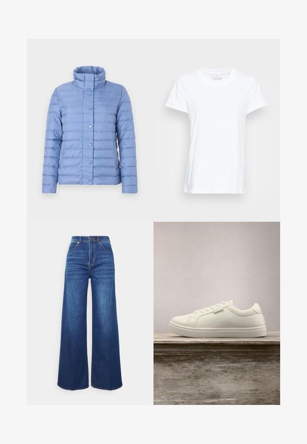Veste matelassée bleu clair avec un col montant, présentant des coutures horizontales, des boutons-pression, et une texture lisse et brillante.; T-shirt blanc à manches courtes en coton doux. Il présente un col rond et une coupe légèrement ample avec des fentes sur les côtés pour un confort accru.; Jeans en denim à jambes larges de couleur indigo moyen, avec une taille haute, des poches avant et un dégradé subtil. Design classique à cinq poches avec des détails de couture.; Baskets en cuir blanc avec des lacets flottant au-dessus d'un banc en bois, herbe verte haute floue en arrière-plan à l'extérieur.