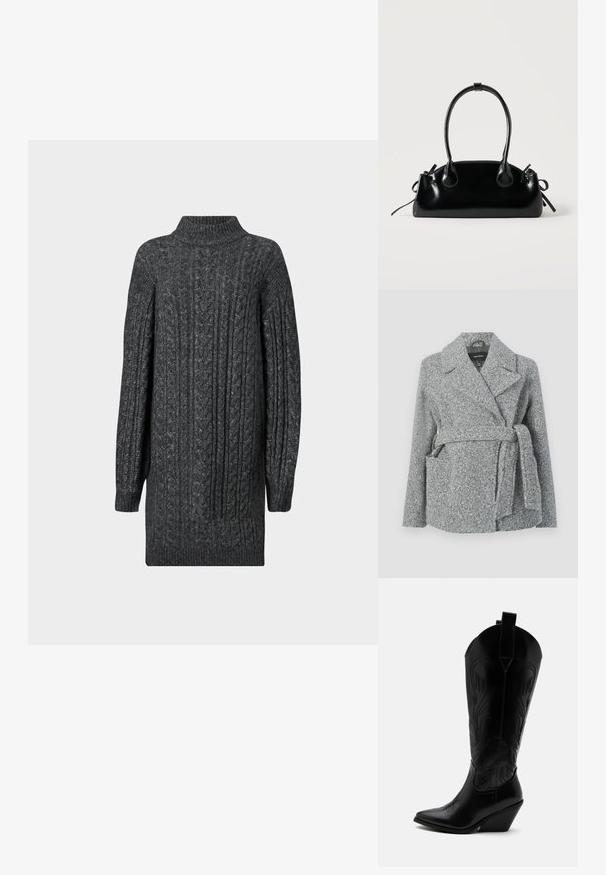 Manteau en mélange de laine gris avec col à revers, deux poches avant, ceinture à nouer et surface texturée. Convient pour les temps frais.; Robe pull longue en tricot à côtes gris foncé avec un col montant, des poignets et un ourlet côtelés sur fond blanc.; Botte de cowboy en cuir noir avec bout pointu, talon bloc incliné, couture décorative et languettes en haut sur fond blanc.; Petit sac à main noir brillant avec deux longues anses et des détails à cordon sur les côtés sur un fond clair uni.