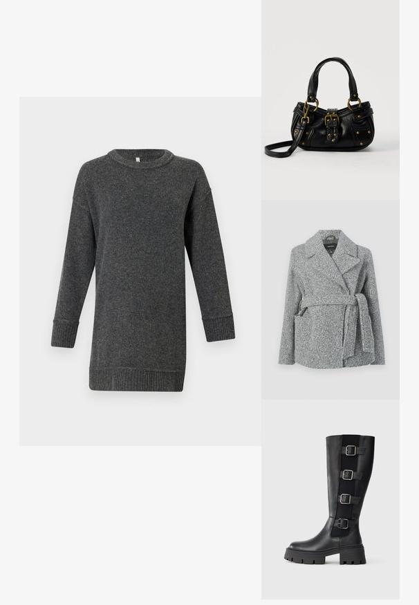 Manteau en mélange de laine gris avec col à revers, deux poches avant, ceinture à nouer et surface texturée. Convient pour les temps frais.; Pull en laine à manches longues gris foncé, avec des poignets et un ourlet côtelés, un col rond et une coupe décontractée.; Bottes noires en cuir, hauteur genou, avec trois sangles ajustables à boucles sur le côté, semelle en caoutchouc épaisse avec des rainures pour la traction.; Sac à main en cuir noir avec boucle dorée et détails à rivets, poignées courtes et bandoulière réglable sur fond blanc uni.