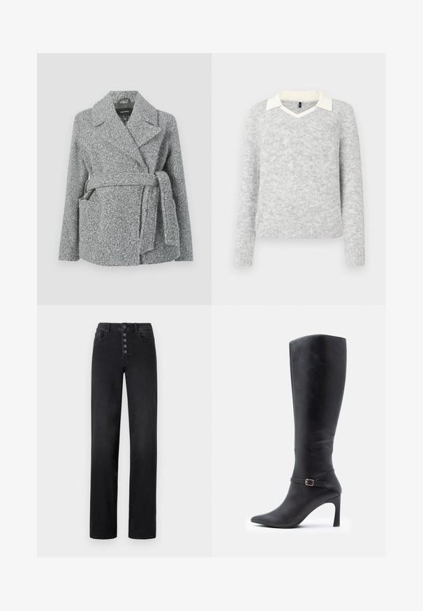 Manteau en mélange de laine gris avec col à revers, deux poches avant, ceinture à nouer et surface texturée. Convient pour les temps frais.; Pull en tricot gris clair à manches longues avec détails d'un col V blanc, ourlets et poignets côtelés, présenté sur un fond blanc.; Jeans noirs en denim taille haute avec une jambe droite, dotés d'une fermeture à cinq boutons, de poches avant et d'une texture lisse.; Botte noire en cuir montante, avec un bout pointu, un talon aiguille et une sangle décorative à la cheville avec une boucle en or.