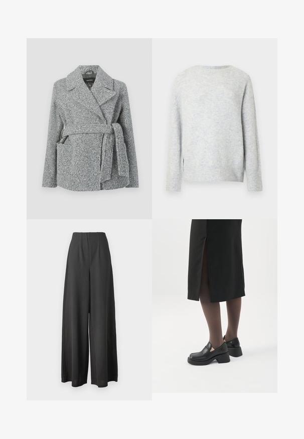 Grå uldblandings indpakningsfrakke med gåsehalset krave, to forlommer, bælte, og struktureret overflade. Velegnet til koldere vejr.; Lyseblå, tekstureret sweater med rund halsudskæring, lange ærmer og ribbet talje. Har et blødt, let fnugget udseende.; Sorte vide bukser lavet af et glat stof, med høj talje og plisseret design for ekstra struktur og dybde.; Kvinde iført sorte loafers med chunky hæl, sorte tynde strømpebukser og en sort nederdel med slids bagpå på hvid baggrund.