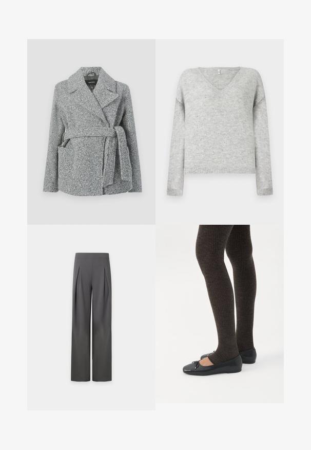 Manteau en mélange de laine gris avec col à revers, deux poches avant, ceinture à nouer et surface texturée. Convient pour les temps frais.; Pull gris en V en matériau doux, avec une coupe décontractée et agrémenté de petits sequins argentés sur tout le tissu.; Pantalon large taille haute gris foncé avec plis à l'avant s'étendant de la taille jusqu'au milieu de la cuisse sur un fond neutre.; Jambes portant des leggings côtelés foncés associés à des ballerines noires avec de petits détails en nœud sur fond blanc.
