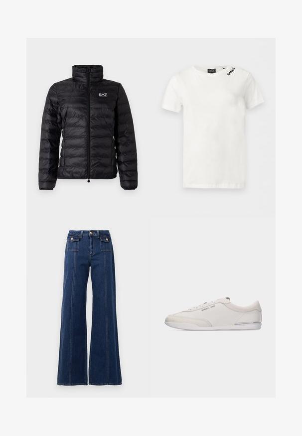Chaqueta acolchada negra con cuello alto, cremallera completa y sutil logo EA7. El material exterior tiene una textura suave y brillante con un patrón acolchado.; Camiseta blanca de manga corta Armani con cuello redondo y pequeño logo negro "armani" cerca del hombro izquierdo.; Jeans de denim de pierna ancha en azul oscuro. Cuenta con cuatro bolsillos, grandes detalles de costura y un diseño de cintura alta. Cierre clásico de botón.; Zapatilla de perfil bajo blanca y beige con cordones, detalles en cuero liso y ante, con un pequeño logo de Michael Kors en el lateral.