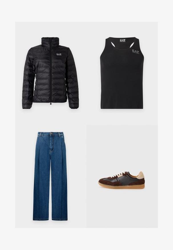 Chaqueta acolchada negra con cuello alto, cremallera completa y sutil logo EA7. El material exterior tiene una textura suave y brillante con un patrón acolchado.; Camiseta sin mangas negra con espalda de corredor y logo blanco EA7 Emporio Armani en el pecho y etiqueta interior en el cuello.; Pantalones de denim de pierna ancha en azul oscuro, con plisados frontales, cierre de botón y costuras clásicas a lo largo de las costuras. Textura suave en todo.; Zapatillas que combinan ante marrón oscuro y cuero negro liso, con cordones crema y una suela de goma color marrón claro. Detalle en color marrón claro en el talón.
