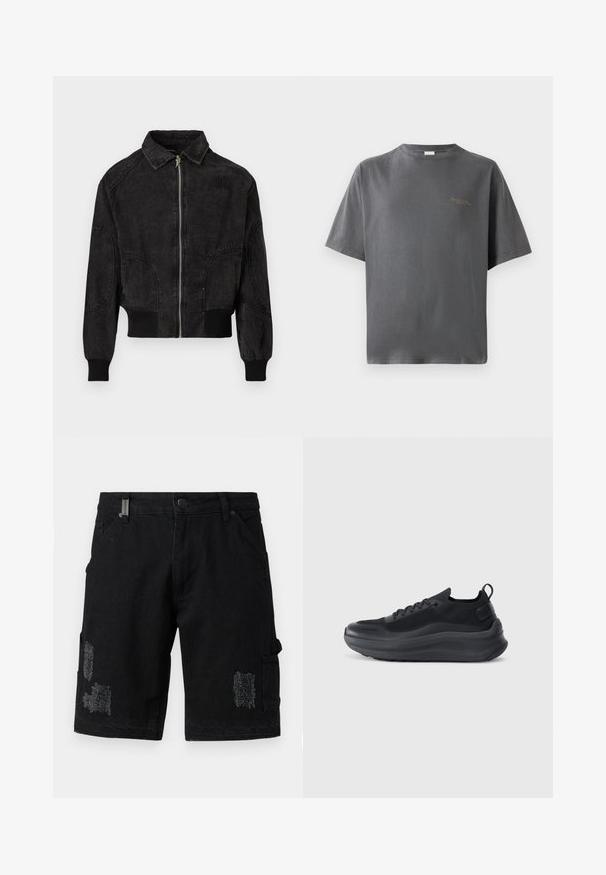 Veste bomber en denim noir avec fermeture éclair à l'avant, poignets côtelés, ourlet à la taille et logo ton sur ton sur le côté gauche de la poitrine.; T-shirt en coton gris avec un col rond et des manches courtes. Présente un détail de logo doré subtil à l'avant. Coupe décontractée et texture lisse.; Shorts cargo en denim noir avec une coupe décontractée, présentant des patchs déchirés, des poches frontales et des poches cargo latérales pour une utilité supplémentaire.; Baskets de sport noires avec un dessus en mesh, des accents texturés et une semelle en caoutchouc épaisse. Présente un tirant à l'arrière et un design à lacets.