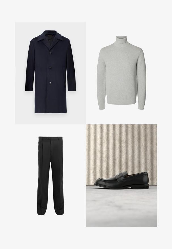 Abrigo de lana azul marino con silueta recta, grandes solapas, cierre de botón, bolsillos laterales y una textura suave. Diseñado para ocasiones formales.; Jersey de cuello alto de punto gris claro con mangas largas y puños y bajo acanalados.; Pantalones negros con un diseño de pierna recta, que presentan pliegues, un cierre de un solo botón y trabillas para cinturón. Fabricados con una tela suave.; Mocasín de cuero negro con una placa metálica de marca apoyado cerca de una mesa redonda marrón sobre un suelo alfombrado beige.
