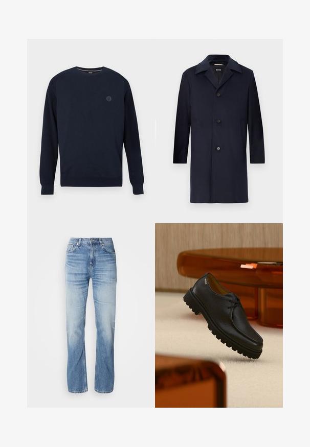 Navyblauer Wollmantel mit gerader Silhouette, großen Revers, Knopfverschluss, seitlichen Taschen und glatter Textur. Für formelle Anlässe entworfen.; Marineblaues Rundhals-Pullover aus Strickstoff mit gerippten Ärmelbündchen und Saum. Ein rundes Logo befindet sich auf der Brust.; Hellblaue Jeans aus Denim mit geradem Bein, verblasstem Finish, fünf Taschen und Knopfverschluss. Klassisches Design und mittlere Dicke.; Schwarzer, strukturierter Leder-Schnürschuh mit dicker, profilierter Sohle, mit dem Markenschriftzug "HUGO" nahe der Ferse, präsentiert vor einem beigen Teppich und bernsteinfarbenen Möbeln.