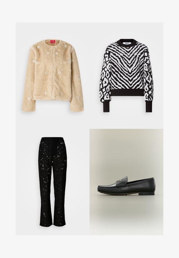 Beige faux pelsjakke med rund halsudskæring og lukning foran. Pyntet med sølvdekorationer jævnt fordelt på stoffet.; Sort og hvid DKNY sweater med et struktureret zebra- og abstrakt mønster, ribbet runde hals og manchetter samt korte, brede ærmer.; Sorte blonder bukser med blomstermønster, bred bendesign og glat tekstur. Har en taljebånd og en let flydende silhuet.; Sort læderloafer med mokkasyning, lav hæl og guldfarvet metaldetalje på remmen, vist i profil på beige baggrund.