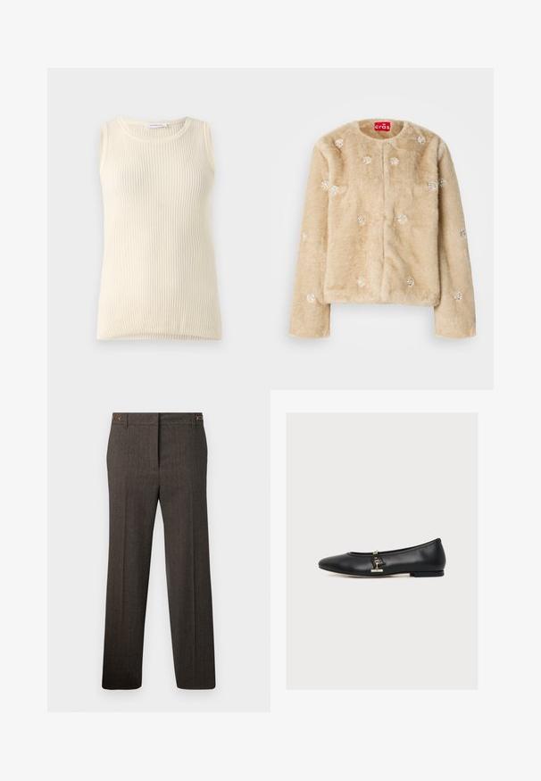 Beige faux pelsjakke med rund halsudskæring og lukning foran. Pyntet med sølvdekorationer jævnt fordelt på stoffet.; Ärmløs cremefarvet top med ribbet tekstur og rund halsudskæring. Stoffet ser blødt ud, med en tætsiddende form og ingen synlige mønstre eller accenter.; Brune skræddersyede bukser med lige ben, bæltestropper og subtil tekstur på en ensfarvet hvid baggrund.; Sort læderballerina med en lille guldbeslået detalje på siden, lav hæl og afrundet tå, vist i profil på hvid baggrund.