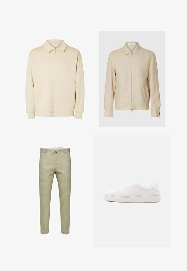 Beige langärmelige Jacke mit Reißverschluss, Kragen, zwei Seitentaschen und geknöpften Bündchen.; Beiger Pullover-Sweatshirt aus weichem Stoff mit einem Reißverschluss am Hals, einem Kragen und einem lässigen Schnitt mit einfachen horizontalen Nahtdetails.; Beige Leinenhose mit geradem Schnitt, ausgestattet mit einem einzigen Knopfverschluss und Gürtelschlaufen. Glatte Textur mit minimalen Designdetails.; Weißer Ledersneaker mit glattem Finish, rundem Zehenbereich, sechs Augen für die Schnürung und einer strukturierten Gummisohle. Minimalistisches Design ohne Muster.