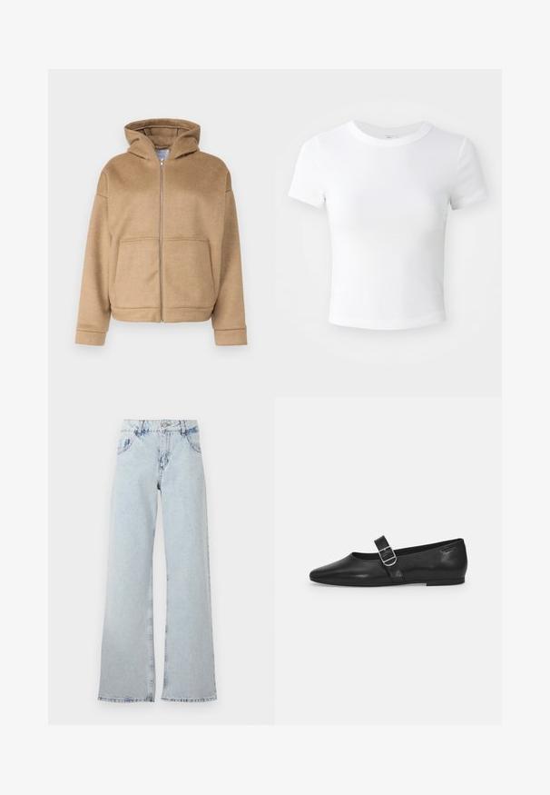 Tan zip-up mikina vyrobená z mäkkej tkaniny, so kapucňou, prednými vreckami a širokými manžetami. Jednoduchý dizajn s textúrovaným povrchom.; Jednoduché biele tričko s krátkym rukávom a okrúhlym výstrihom, vystavené na neutrálnom svetlom pozadí.; Svetlomodré široké džínsy vyrobené z denimu, s vysokým pásom, pútkami na opasok, piatimi vreckami a vyblednutými oblasťami pre vintage vzhľad.; Čierna kožená plochá obuv s okrúhlym nosom, jedným nastaviteľným pásikom so sponou a hladkým, lesklým povrchom. Minimalistický dizajn s nízkym podpätkom.