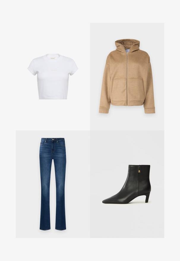 Tan zip-hættejakke lavet af blødt stof, med hætte, forlommer og brede manchetter. Enkel design med en struktureret overflade.; Hvid cropped t-shirt med korte ærmer og ribbet tekstur. Har en rund halsudskæring og en diskret "Calvin Klein"-logo i lys farve foran.; Mørkeblå jeans i denim med en flared ben-design, med en mellemhøj talje, forlommer og knaplukning. Glat tekstur.; Sorte læderankelstøvler med spids snude og lille, tilspidset hæl. Har lynlås i siden med gulddetalje. Glat tekstur.