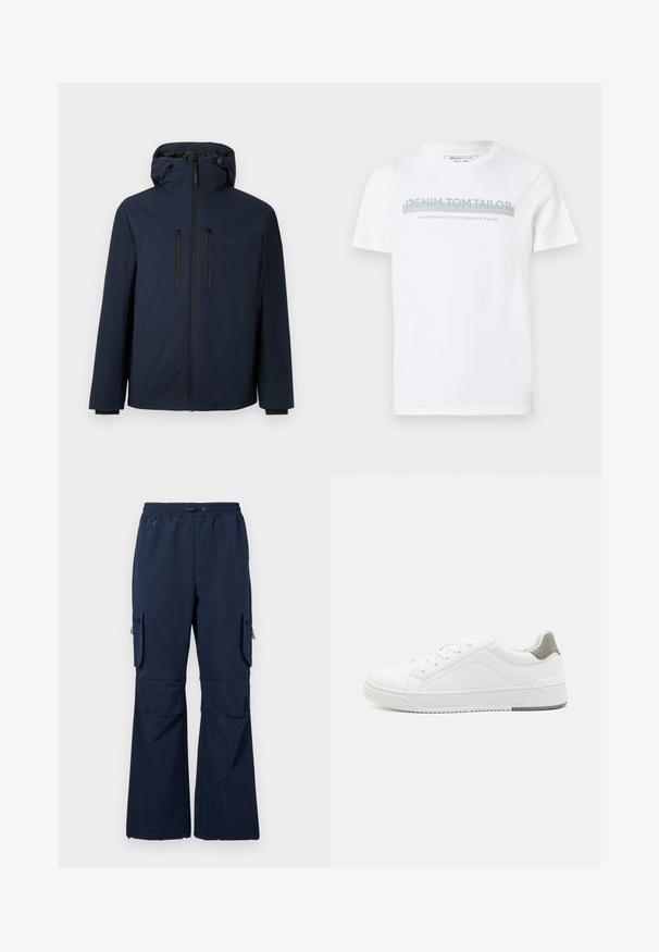 Veste à capuche bleu marine avec fermeture éclair sur le devant, deux poches verticales sur la poitrine et cordons de serrage réglables sur la capuche.; T-shirt en coton blanc avec un col rond, des manches courtes et un design graphique bleu qui affiche "DENIM TOM TAILOR établi en 2007."; Pantalons cargo navy en tissu léger avec taille à cordon, deux poches latérales et poches cargo zippées sur les deux jambes.; Basket blanche en cuir lisse, à bout arrondi, design minimaliste, accent de talon gris et semelle en caoutchouc texturé.