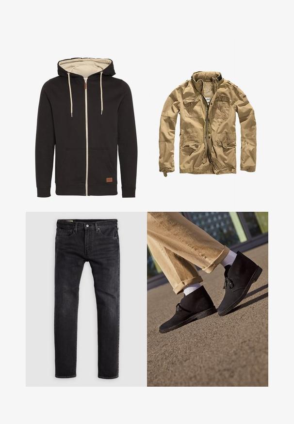 Khaki jack gemaakt van duurzaam materiaal, met een hoge kraag, ritssluiting aan de voorkant en meerdere zakken met knoopflappen. Textuurafwerking versterkt het ontwerp.; Zwarte zip-up hoodie met beige binnenkant. Voorzien van een trekkoordcapuchon, voorzakken en een bruine leren logopatch. Glad textuur.; Zwarte denim jeans met een rechte snit, voorzien van vijf zakken, een knoopsluiting en zichtbare stiksels langs de naden.; Zwarte suède enkellaarzen met een getextureerde zool, voorzien van een ronde neus en vetersluiting, gecombineerd met opgerolde kaki broeken en witte sokken.