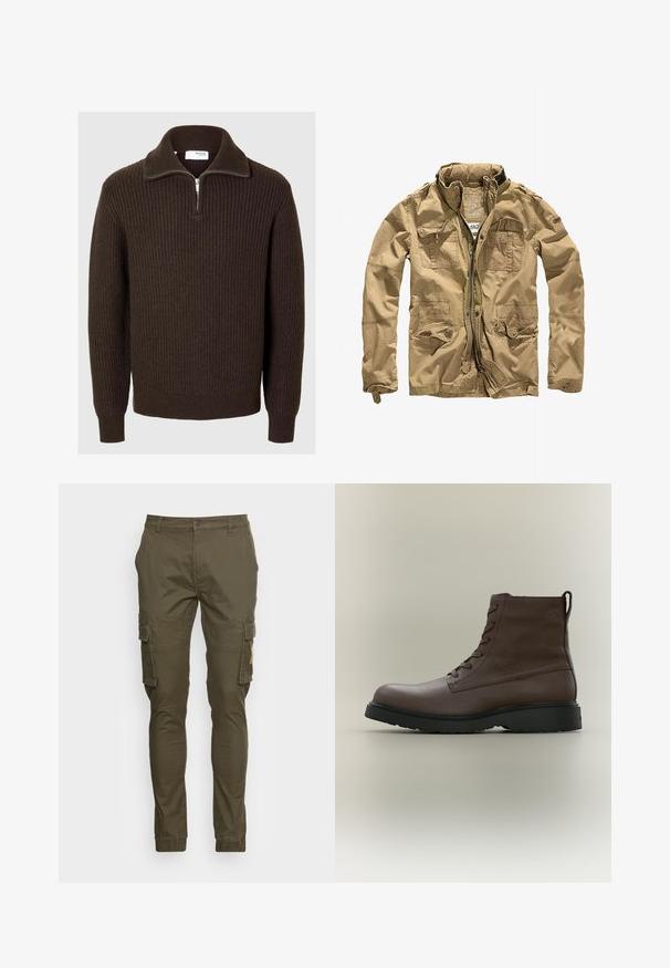 Khaki bunda vyrobená z odolného materiálu, s vysokým golierom, zipsom vpredu a viacerými vreckami s gombíkovými klipmi. Textúrovaný povrch zlepšuje dizajn.; Selected Half-zip Knitted Wool Blend - Svetrík - chocolate torte; Olivovo zelené cargo nohavice vyrobené z bavlny, s bočnými vreckami, úzkym strihom a manžetami na koncoch. Hladký predný diel s gombíkovým zapínaním.; Hnedá kožená členková topánka so šnúrkami, čiernou gumovou podrážkou, okrúhlym špicom a ťahákom vzadu, zobrazená z profilu na neutrálom pozadí.