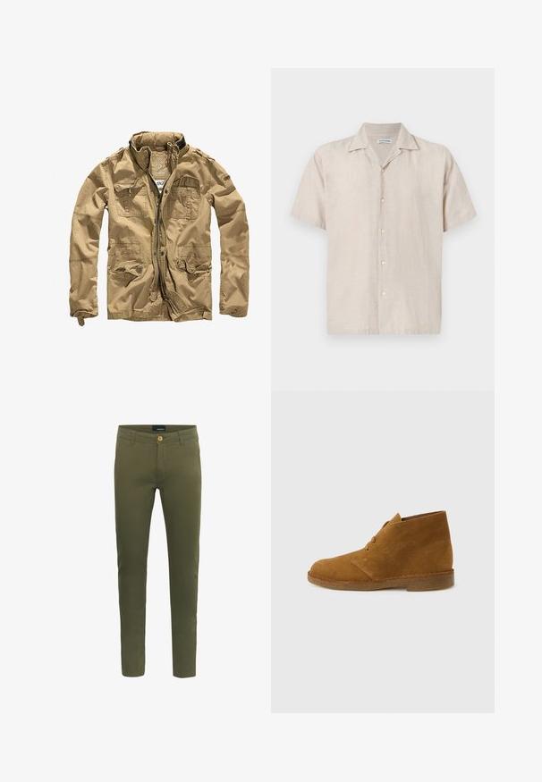 Veste khaki en tissu durable, dotée d'un col montant, d'une fermeture éclair à l'avant et de plusieurs poches avec des rabats à bouton. La finition texturée améliore le design.; Chemise à manches courtes en lin beige clair, dotée d'un col et de cinq boutons à l'avant. Texture lisse avec un léger brillant.; Pantalons vert olive en mélange de coton doux, avec fermeture à bouton sur le devant, passants de ceinture et coupe slim.; Botte désert en daim marron montant à la cheville avec deux œillets et semelle en crêpe sur fond gris clair uni.