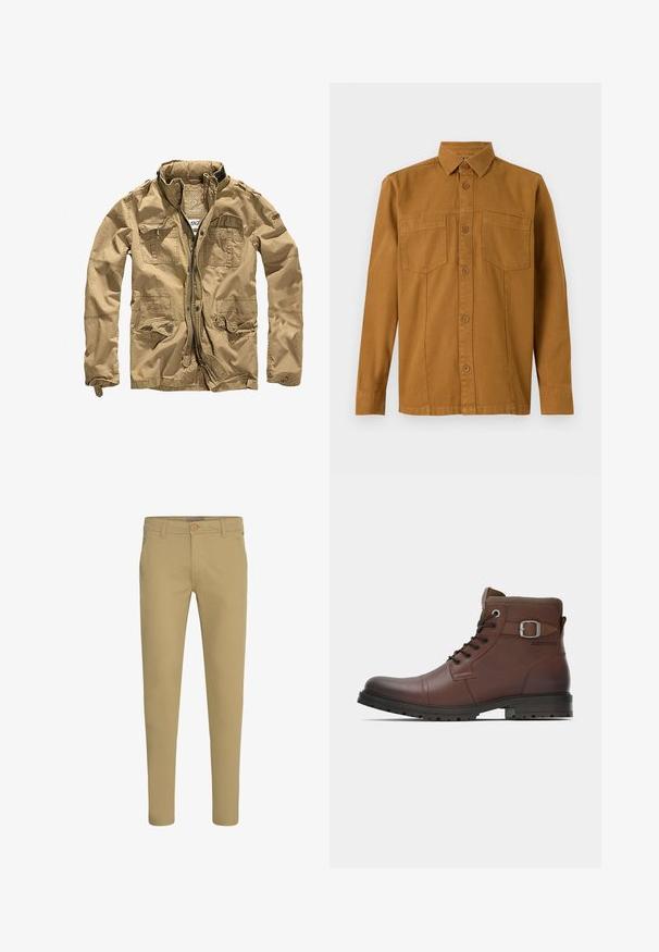 Khaki jack gemaakt van duurzaam materiaal, met een hoge kraag, ritssluiting aan de voorkant en meerdere zakken met knoopflappen. Textuurafwerking versterkt het ontwerp.; TOM TAILOR Overhemd - deep cognac; Beige slim-fit chinos met knoop- en ritssluiting, schuine voorzakken en riemlussen, afgebeeld op een witte achtergrond.; Bruine leren veterschoen tot de enkel met gespsluiting en stevige zwarte zool, zijaanzicht op witte achtergrond.