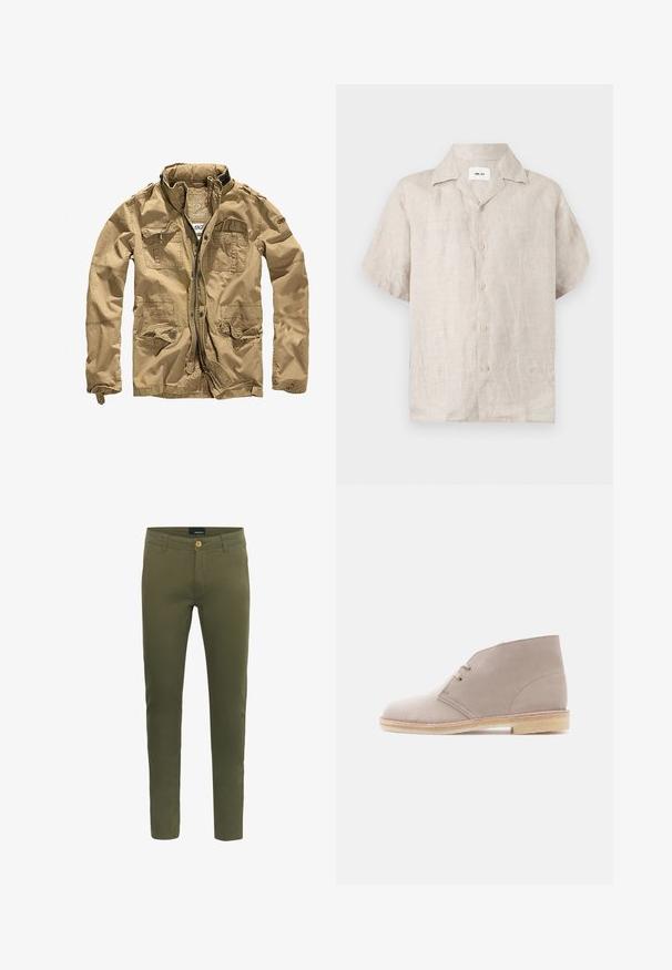 Veste khaki en tissu durable, dotée d'un col montant, d'une fermeture éclair à l'avant et de plusieurs poches avec des rabats à bouton. La finition texturée améliore le design.; Chemise en lin beige à manches courtes avec col et boutons devant, avec une étiquette blanche visible à l’intérieur du col indiquant « NN.07 ».; Pantalons vert olive en mélange de coton doux, avec fermeture à bouton sur le devant, passants de ceinture et coupe slim.; Bottine en cuir suédé beige à deux œillets avec lacets, semelle en crêpe et petit talon empilé, vue de profil sur un fond uni.