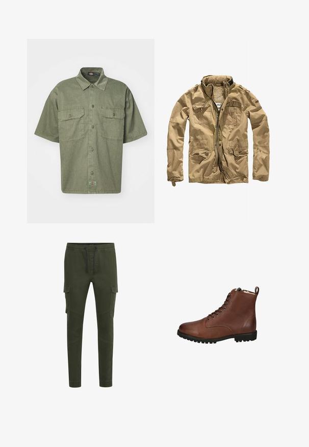 Khaki bunda vyrobená z odolného materiálu, s vysokým golierom, zipsom vpredu a viacerými vreckami s gombíkovými klipmi. Textúrovaný povrch zlepšuje dizajn.; Krátky rukáv, olivovo zelená košeľa vyrobená z textúrovanej látky, s golierom, dvoma prednými vreckami a malou značkovou nálepkou na okraji.; Olivovo zelené cargo nohavice s elastickým pásom a šnúrkou, s bočnými vreckami, zúženými členkami a hladkým, odolným textúrou látky.; Hnedé kožené členkové čižmy s textúrovaným povrchom, šnurovaním na prednej strane, zaoblenou špičkou a masívnou gumovou podrážkou. Obsahujú pútko na zadnej strane.