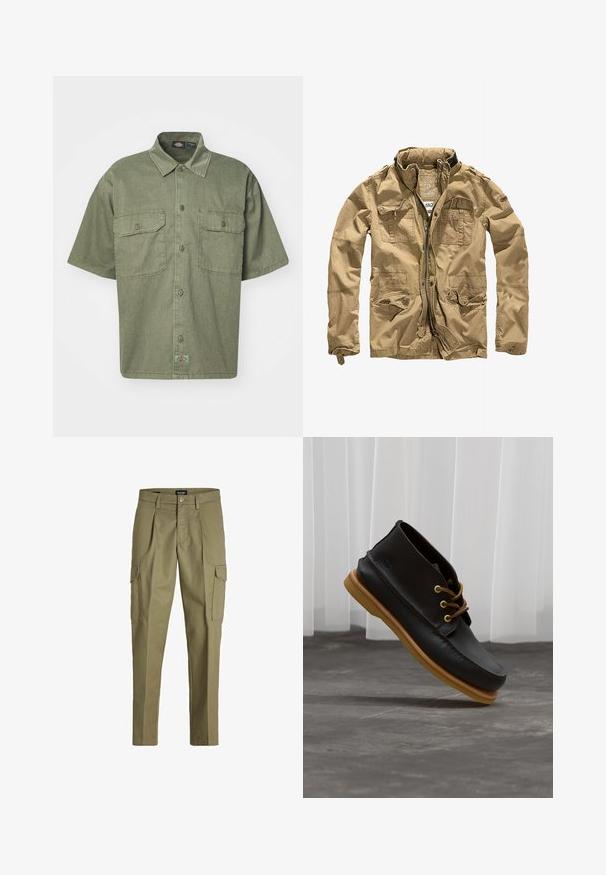 Khaki bunda vyrobená z odolného materiálu, s vysokým golierom, zipsom vpredu a viacerými vreckami s gombíkovými klipmi. Textúrovaný povrch zlepšuje dizajn.; Krátky rukáv, olivovo zelená košeľa vyrobená z textúrovanej látky, s golierom, dvoma prednými vreckami a malou značkovou nálepkou na okraji.; Kargo nohavice v olivovo zelenej farbe, vyrobené z odolného materiálu, s plisovaním, dvomi bočnými vreckami a nastaviteľným pásom so zapínaním na gombík.; Čierne kožené topánky s hladkým povrchom, okrúly špička, hnedé šnúrky a svetlohnedé gumové podrážky. Logo je embosované na boku.