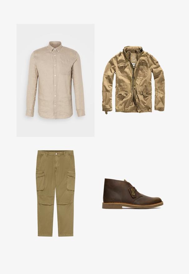 Khaki jack gemaakt van duurzaam materiaal, met een hoge kraag, ritssluiting aan de voorkant en meerdere zakken met knoopflappen. Textuurafwerking versterkt het ontwerp.; Beige linnen overhemd met knopen, lange mouwen, een enkele borstzak en witte knopen. Soepele textuur, relaxte pasvorm en puntige kraag.; Khaki cargobroek met knopen- en ritssluiting, voorzien van zijflappzakken en schuin geplaatste voorzakken.; Bruine leren desert boots met een ronde neus, gestikte details en een tan rubberen zool; heeft een geëtiketteerde lederen label aan de zijkant.