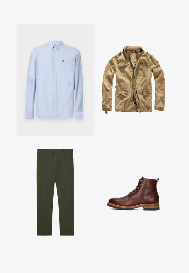 Khaki jack gemaakt van duurzaam materiaal, met een hoge kraag, ritssluiting aan de voorkant en meerdere zakken met knoopflappen. Textuurafwerking versterkt het ontwerp.; Lichtblauwe langetermijnoverhemd met button-down kraag, borstzak en geborduurd logo. Gemaakt van textuurkatoenen stof.; Recht gesneden olijfgroene broek met zijzakken, een enkele knoopsluiting en riemlussen, plat gelegd op een witte achtergrond.; Bruine leren enkellaars met ronde neus, vetersluiting, contrasterende hak en zolen, en een reliëflogo op de zijkant.